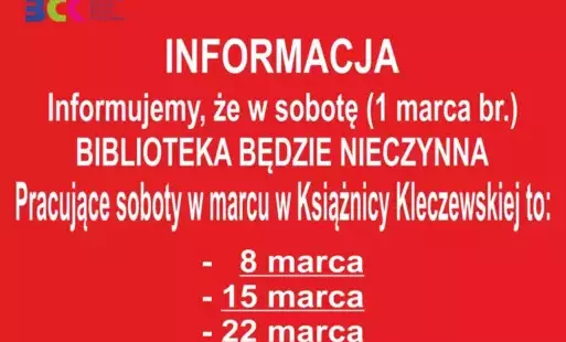 Zdjęcie do W sobotę, 1 marca br., biblioteka nieczynna