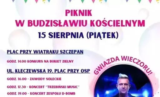 Zdjęcie przedstawia plakat zapowiadający piknik w Budzisławiu Kościelnym (15 sierpnia 2025).