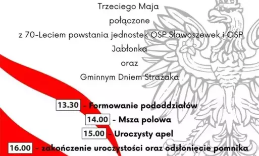 Zdjęcie przedstawia zapowiedź obchodów święta Konstytucji 3 Maja i Dnia Strażaka