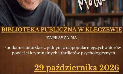 Zdjęcie przedstawia fragment plakatu zapowiadającego spotkanie z pisarzem Robertem Małeckim, które odbędzie się 29 października br. o godz. 17:00 w Bibliotece Publicznej w Kleczewie
